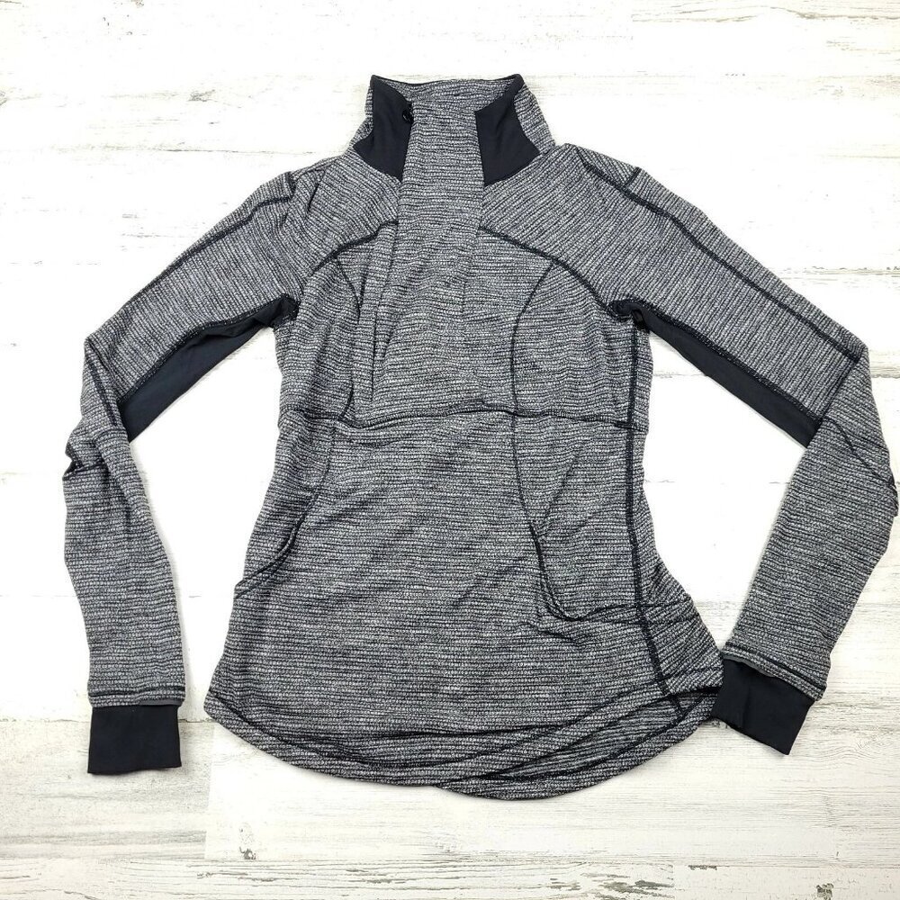 Lululemon Base Runner 1/2 Zip Pullover – Heathered Herringbone Black/Grey Size 6